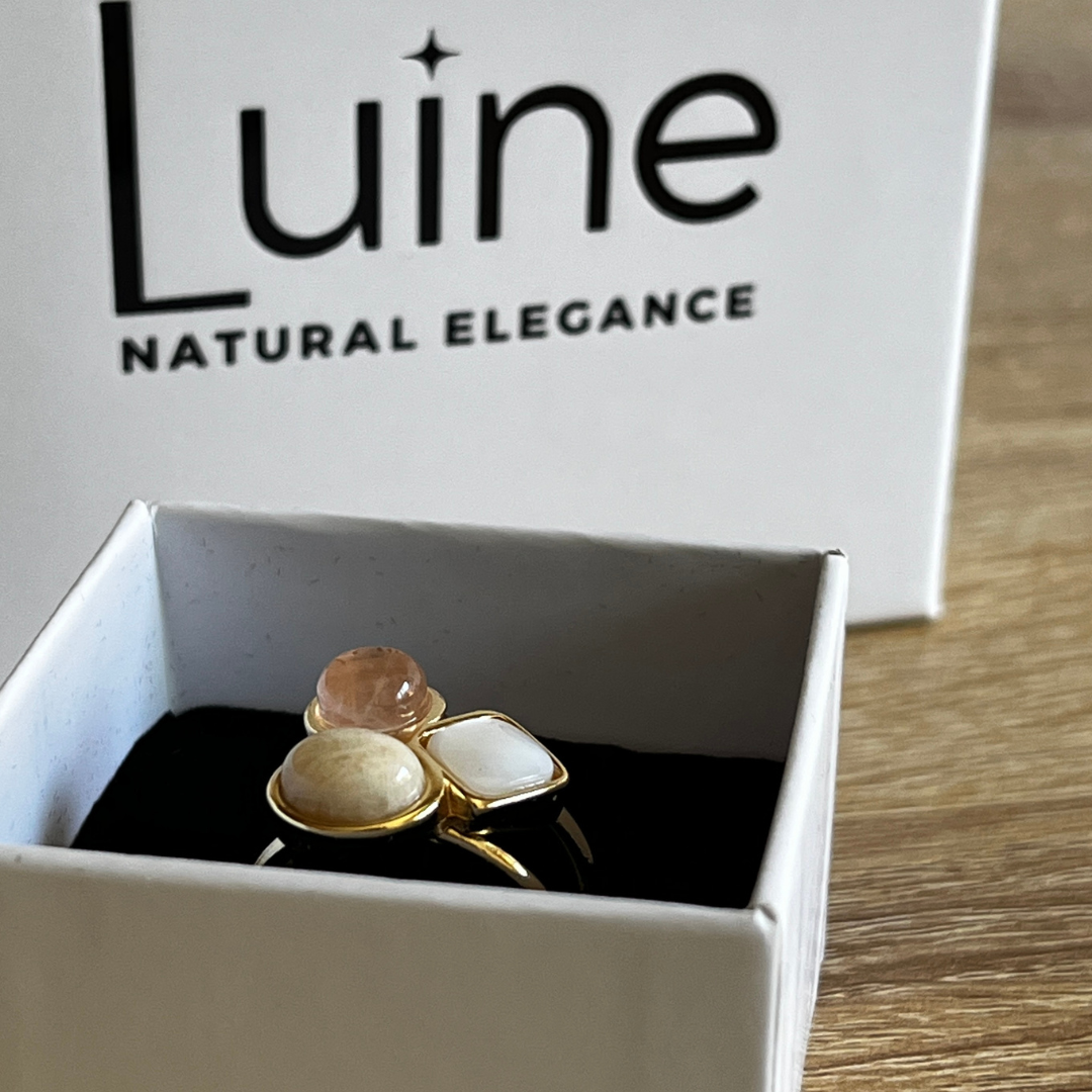 Anillo Basic ajustable Madreperla, Amazonita beige, Cuarzo rosa
