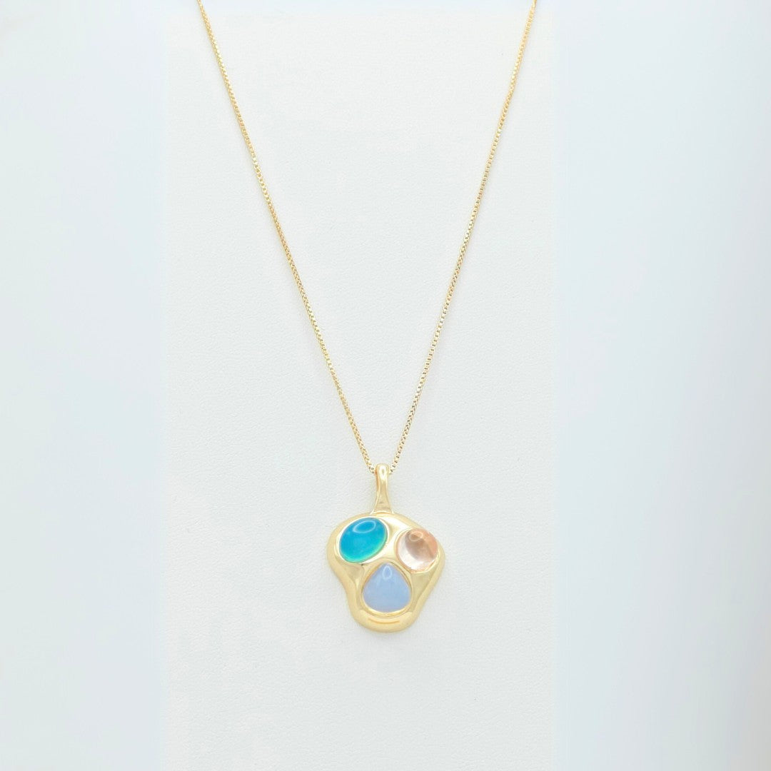 Collar Spot piedra cabujón orgánico Opalina, Ágata azul cielo y Cuarzo rosa