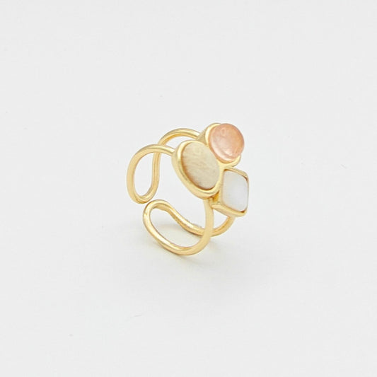 Anillo Basic ajustable Madreperla, Amazonita beige, Cuarzo rosa