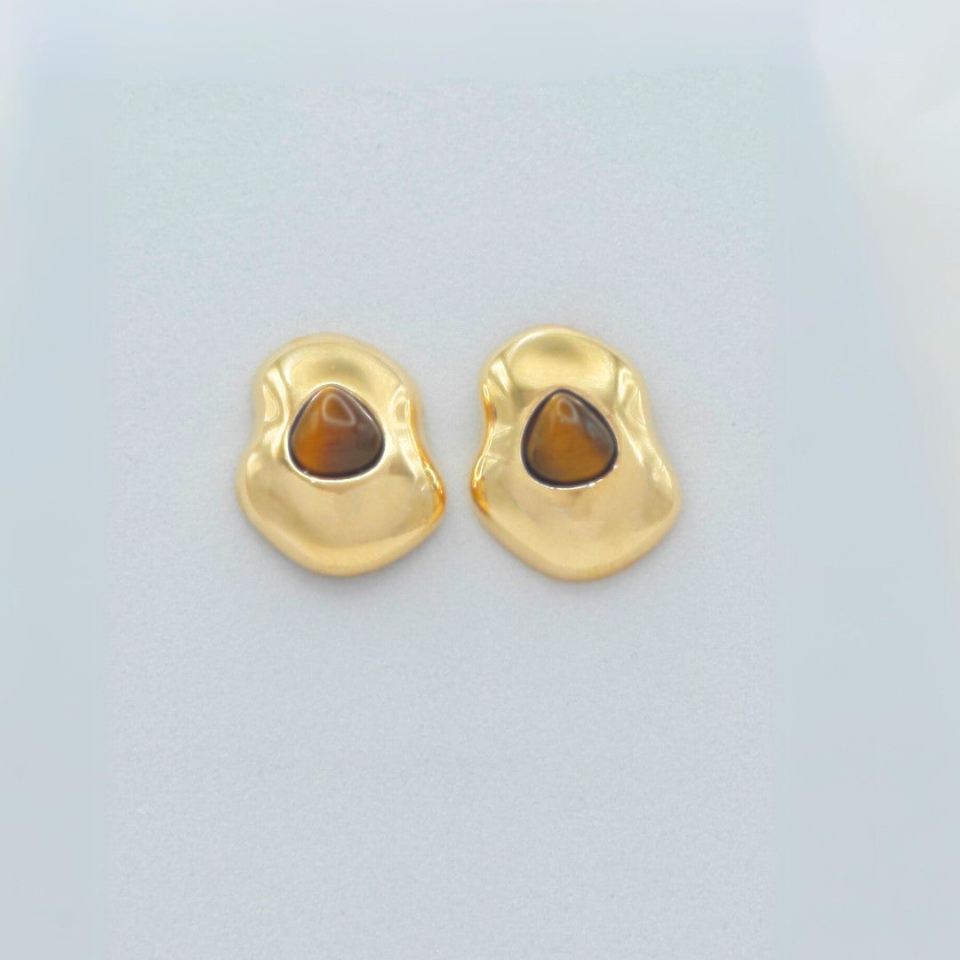 Brincos de bolinhas com pedra cabochão de olho de tigre orgânico