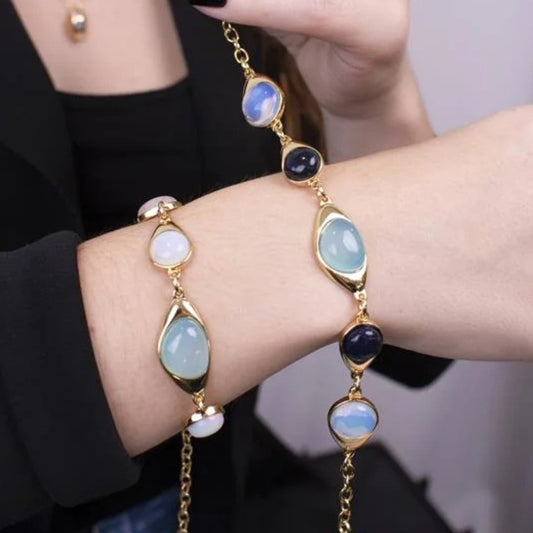 Pulsera Spot Opalina, Ágata azul cielo y Cuarzo rosa