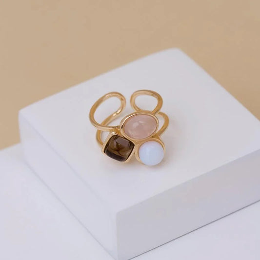 Anillo Basic ajustable Madreperla, Obsidiana ahumada, Cuarzo Rosa